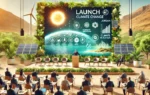 A launch event scene with a digital platform display showcasing climate change information. The background features elements like greenery, water, and