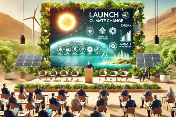 A launch event scene with a digital platform display showcasing climate change information. The background features elements like greenery, water, and