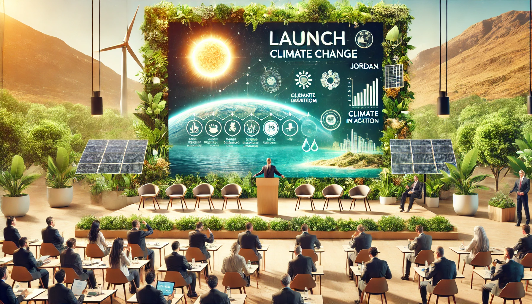 A launch event scene with a digital platform display showcasing climate change information. The background features elements like greenery, water, and