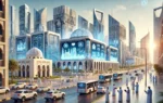 A modern, futuristic cityscape of Muscat, Oman, showcasing advanced digital technology and infrastructure. The scene includes sleek government building