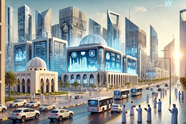 A modern, futuristic cityscape of Muscat, Oman, showcasing advanced digital technology and infrastructure. The scene includes sleek government building