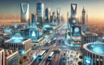 DA futuristic cityscape of Riyadh, Saudi Arabia, showcasing advanced digital technology and infrastructure. The scene includes modern buildings with di