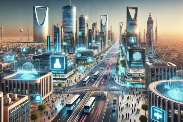 DA futuristic cityscape of Riyadh, Saudi Arabia, showcasing advanced digital technology and infrastructure. The scene includes modern buildings with di