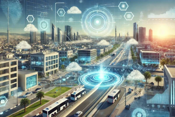 A futuristic cityscape of Tunis, Tunisia, showcasing advanced digital technology and infrastructure. The scene includes modern buildings with digital