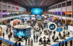 A bustling event at the Kram Exhibition Centre in Tunis, Tunisia, showcasing a modern, high-tech environment. The scene includes futuristic booths, di