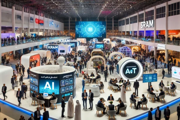 A bustling event at the Kram Exhibition Centre in Tunis, Tunisia, showcasing a modern, high-tech environment. The scene includes futuristic booths, di