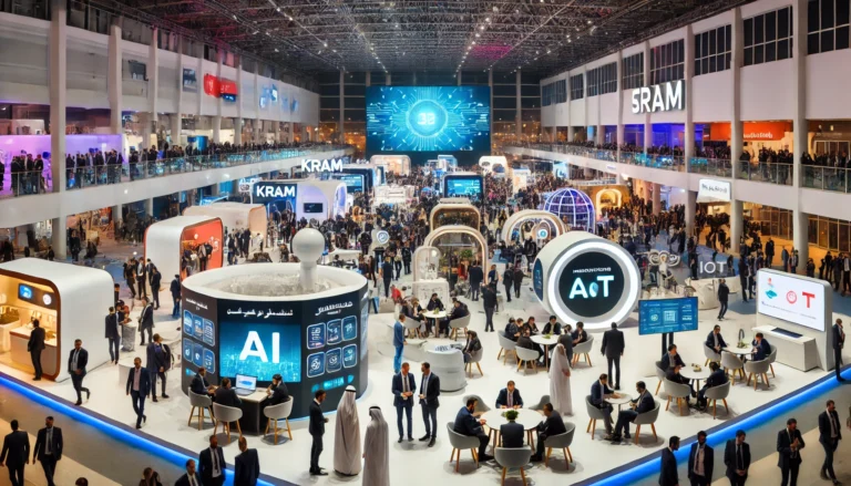 A bustling event at the Kram Exhibition Centre in Tunis, Tunisia, showcasing a modern, high-tech environment. The scene includes futuristic booths, di