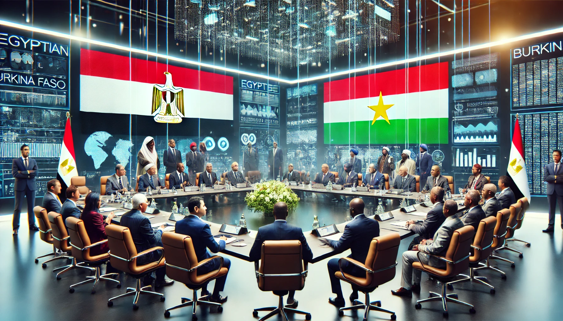 A collaborative meeting between Egyptian and Burkinabe officials in a modern conference room. The setting includes digital displays, representatives d