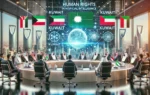 A modern conference setting in Jeddah, Saudi Arabia, with representatives from Kuwait and other nations discussing human rights in artificial intelligence