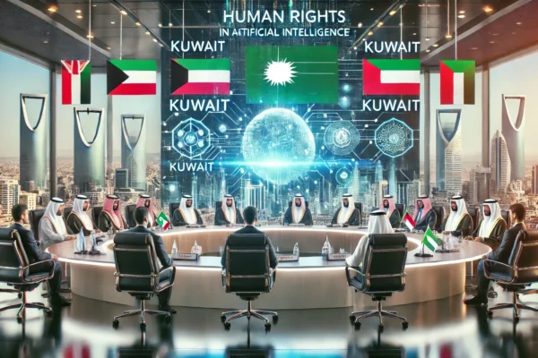 A modern conference setting in Jeddah, Saudi Arabia, with representatives from Kuwait and other nations discussing human rights in artificial intelligence