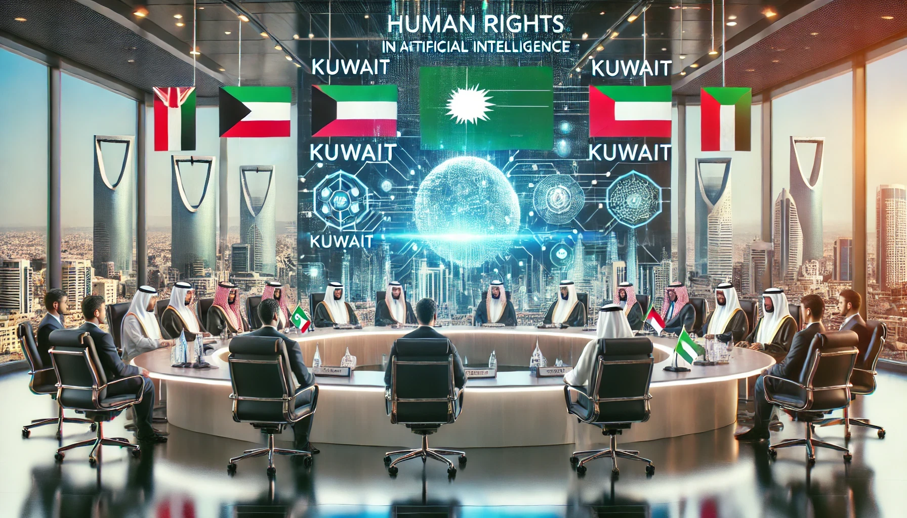 A modern conference setting in Jeddah, Saudi Arabia, with representatives from Kuwait and other nations discussing human rights in artificial intelligence