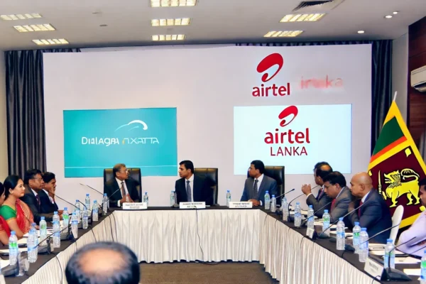 A modern conference setting in Sri Lanka with representatives from telecommunications companies discussing their merger. The scene includes corporate