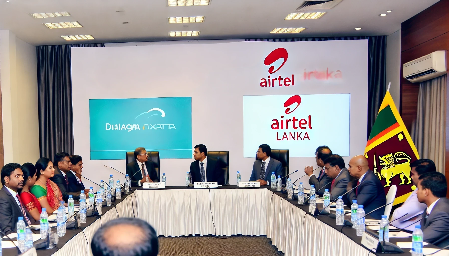 A modern conference setting in Sri Lanka with representatives from telecommunications companies discussing their merger. The scene includes corporate