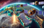 A futuristic landscape showing two advanced geostationary satellites, Al Yah 4 and Al Yah 5, orbiting Earth. The scene includes the Falcon 9 rocket launch