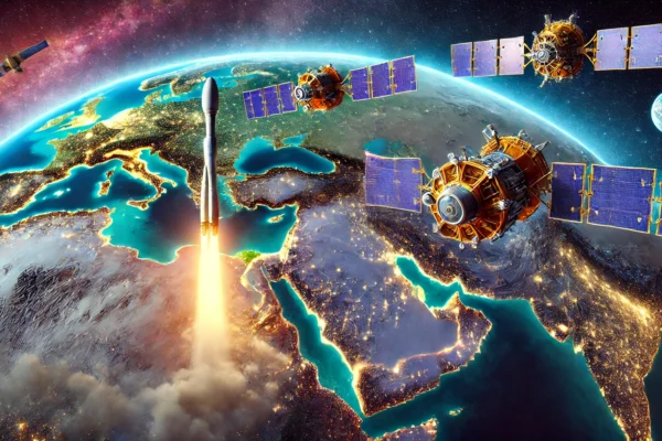 A futuristic landscape showing two advanced geostationary satellites, Al Yah 4 and Al Yah 5, orbiting Earth. The scene includes the Falcon 9 rocket launch