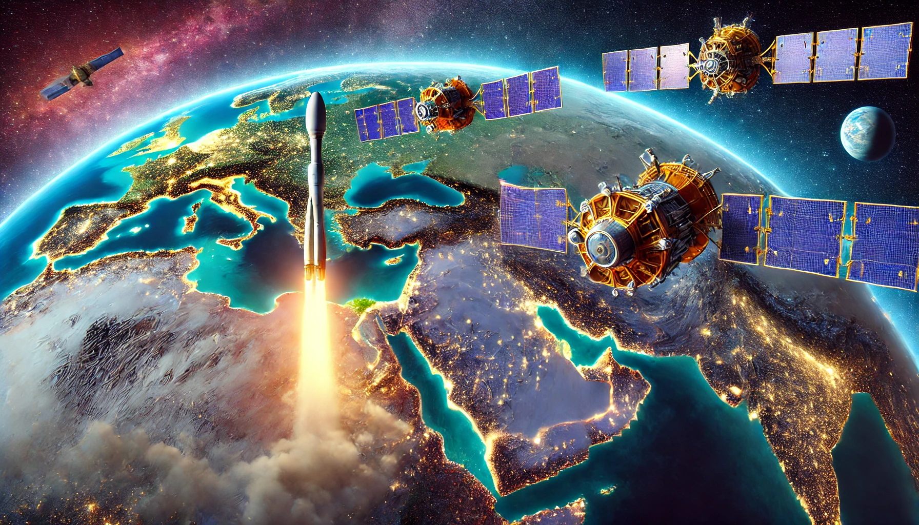 A futuristic landscape showing two advanced geostationary satellites, Al Yah 4 and Al Yah 5, orbiting Earth. The scene includes the Falcon 9 rocket launch