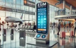 A futuristic digital kiosk display set up in a modern airport terminal, showcasing eSIM purchase options for travelers. The sleek kiosk features a vib