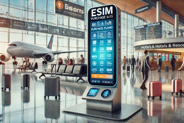 A futuristic digital kiosk display set up in a modern airport terminal, showcasing eSIM purchase options for travelers. The sleek kiosk features a vib