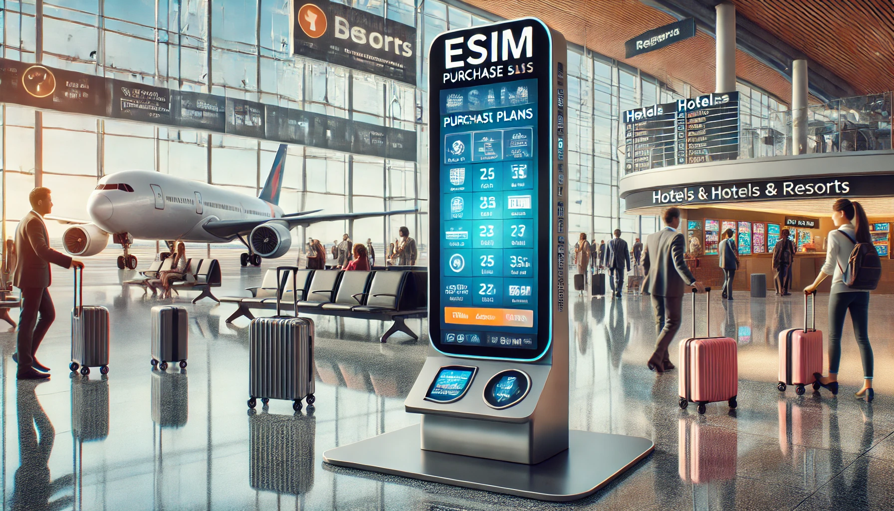 A futuristic digital kiosk display set up in a modern airport terminal, showcasing eSIM purchase options for travelers. The sleek kiosk features a vib