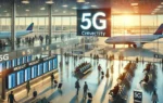 A modern airport terminal showcasing the rollout of 5G services. The scene includes clear signage indicating 5G connectivity, with travelers using mobile