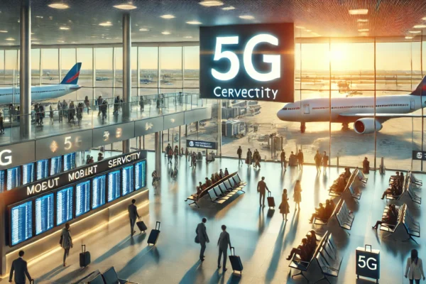 A modern airport terminal showcasing the rollout of 5G services. The scene includes clear signage indicating 5G connectivity, with travelers using mobile