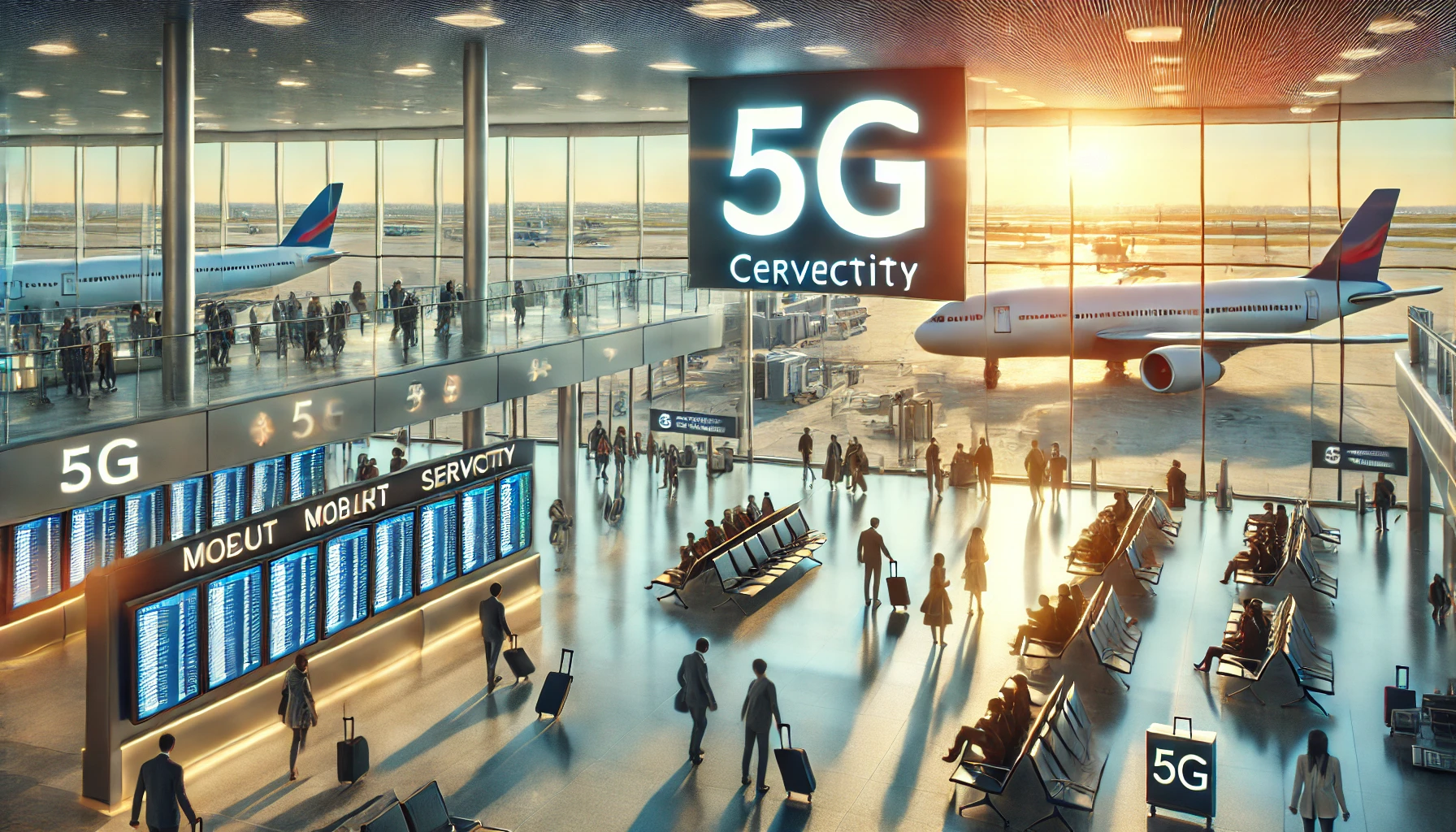 A modern airport terminal showcasing the rollout of 5G services. The scene includes clear signage indicating 5G connectivity, with travelers using mobile