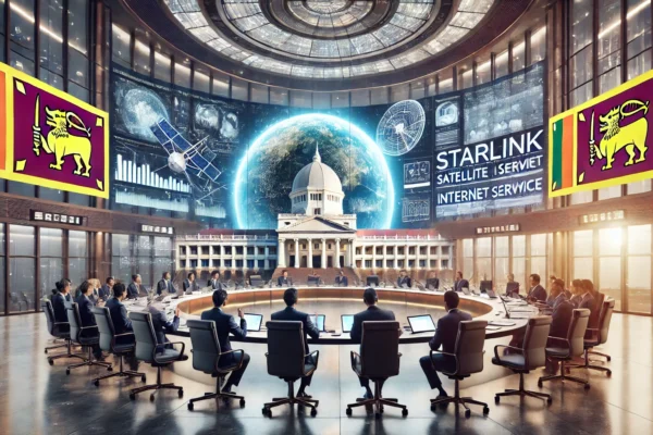 A modern legislative meeting room with officials discussing the introduction of Starlink satellite internet service in Sri Lanka. The room features la