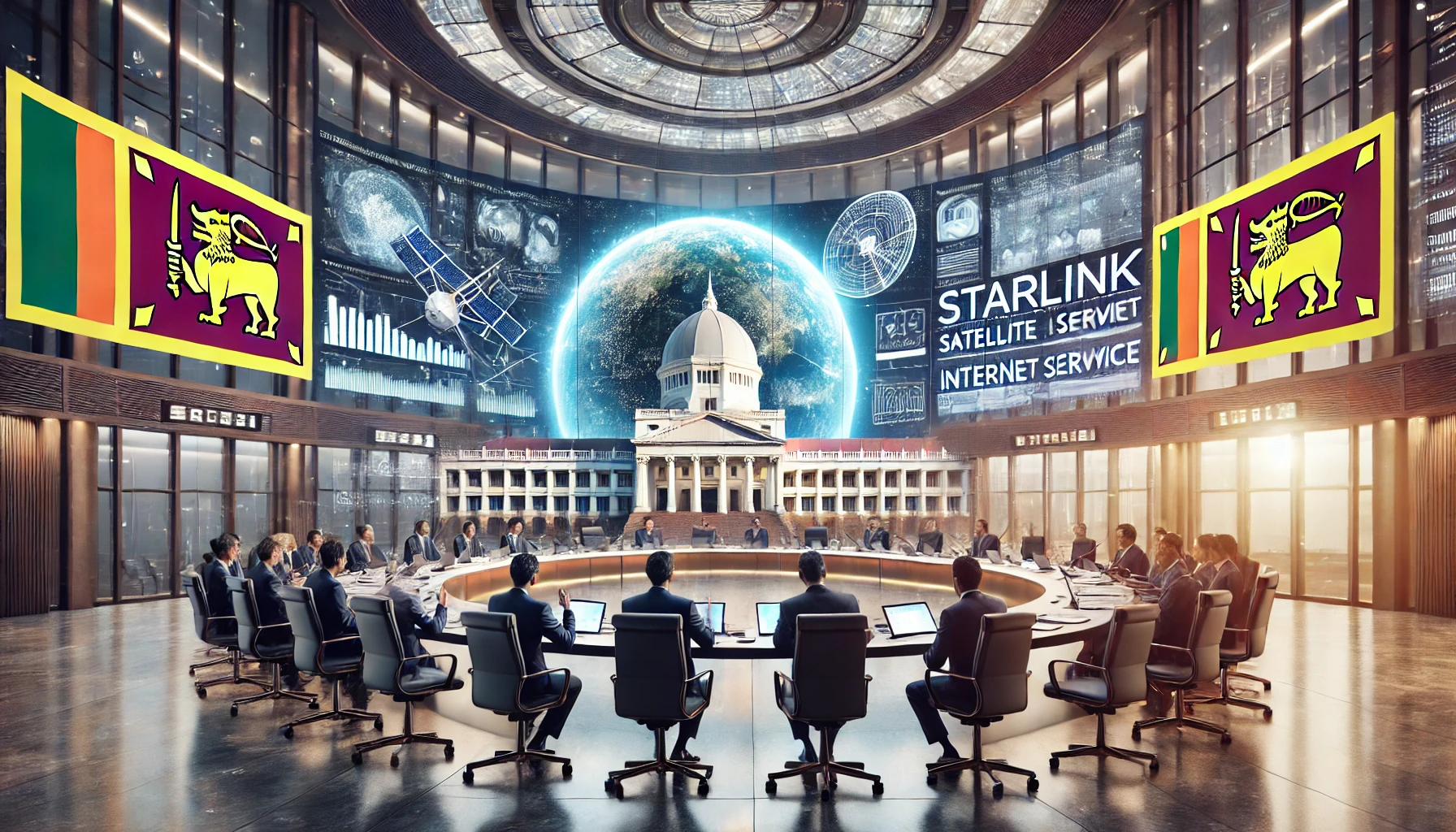 A modern legislative meeting room with officials discussing the introduction of Starlink satellite internet service in Sri Lanka. The room features la