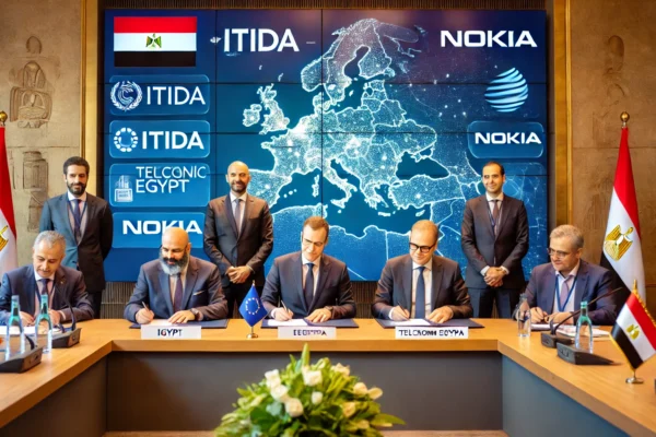 A modern conference room setting during the Egypt-EU Investment Conference in Cairo, showing representatives from ITIDA, Telecom Egypt, and Nokia sign