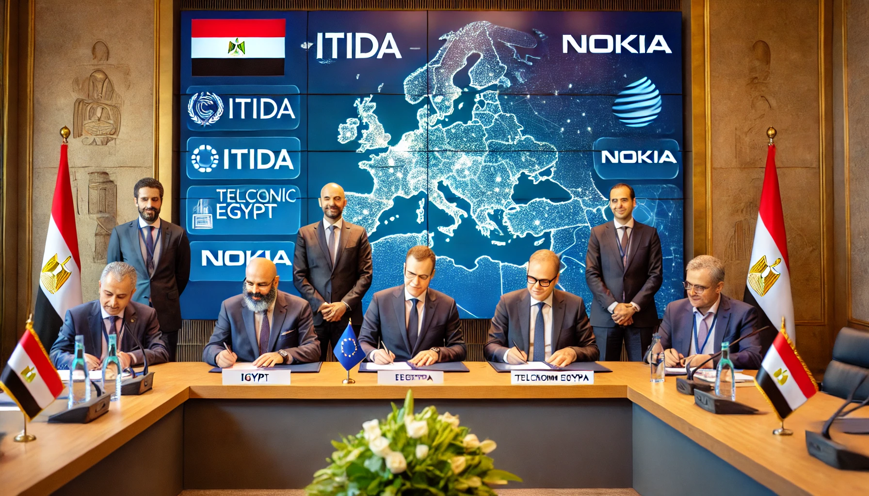 A modern conference room setting during the Egypt-EU Investment Conference in Cairo, showing representatives from ITIDA, Telecom Egypt, and Nokia sign