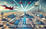 A dynamic and modern scene featuring an international airshow at a sophisticated airbase. Include sleek jets and aircrafts in the sky performing aerob