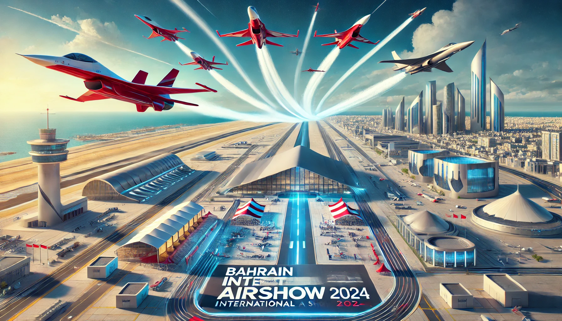 A dynamic and modern scene featuring an international airshow at a sophisticated airbase. Include sleek jets and aircrafts in the sky performing aerob