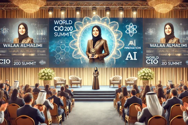 An elegant award ceremony scene with Walaa Alhashimi, a distinguished female leader, receiving an award for her contributions to technology. The background