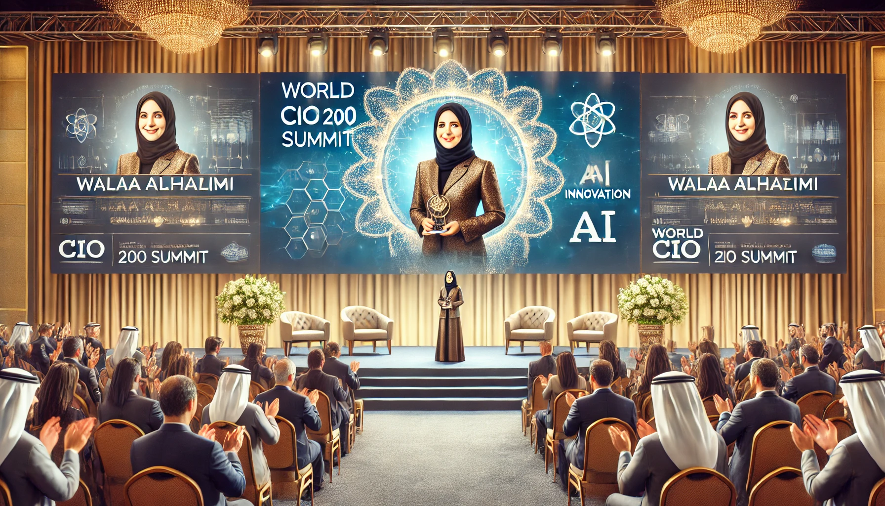 An elegant award ceremony scene with Walaa Alhashimi, a distinguished female leader, receiving an award for her contributions to technology. The background