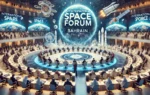 A grand space forum event held in Bahrain, showcasing a sophisticated venue with banners indicating the 6th International Space Forum. The scene included