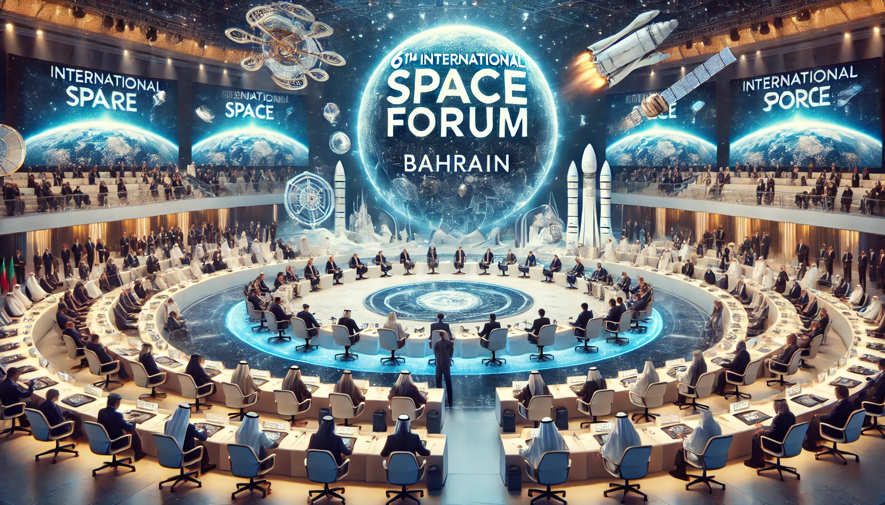 A grand space forum event held in Bahrain, showcasing a sophisticated venue with banners indicating the 6th International Space Forum. The scene included