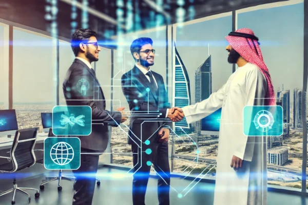 A dynamic business partnership scene with representatives from Panamax Technology and Hilal Technology shaking hands. The background features a modern