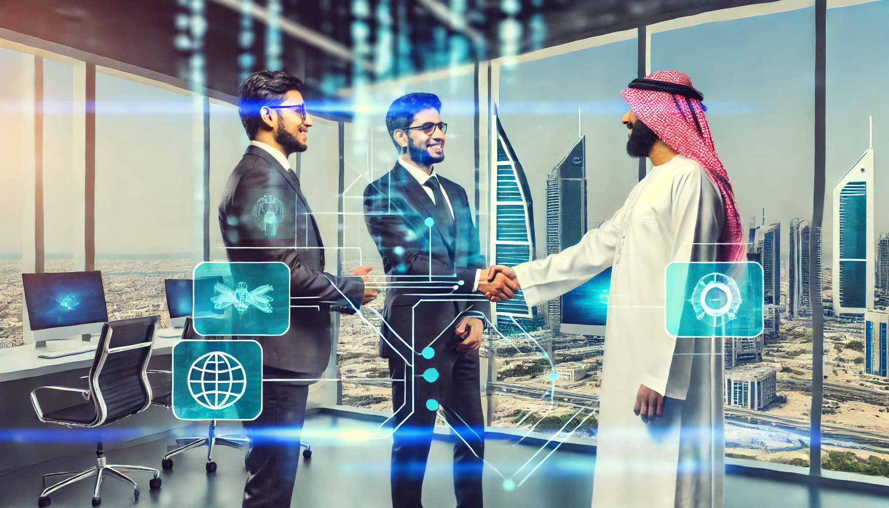 A dynamic business partnership scene with representatives from Panamax Technology and Hilal Technology shaking hands. The background features a modern