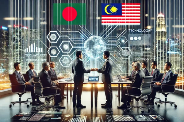 DAA high-level business meeting scene between representatives from Bangladesh and Malaysia, highlighting technological collaboration. The setting included