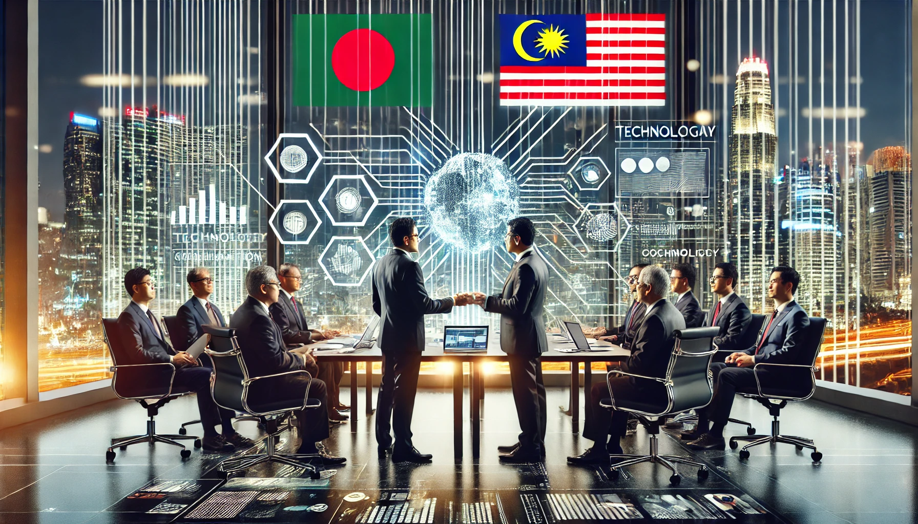 DAA high-level business meeting scene between representatives from Bangladesh and Malaysia, highlighting technological collaboration. The setting included