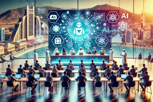 A vibrant workshop scene at a modern conference hall, showcasing discussions on Artificial Intelligence (AI). The setting includes digital displays, s