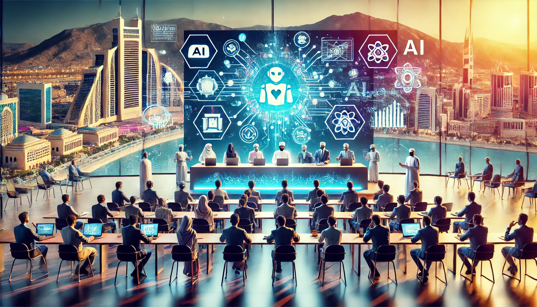 A vibrant workshop scene at a modern conference hall, showcasing discussions on Artificial Intelligence (AI). The setting includes digital displays, s