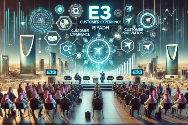 A dynamic conference scene showcasing the E3 Customer Experience Conference in Riyadh. The setting includes a modern conference hall with digital display