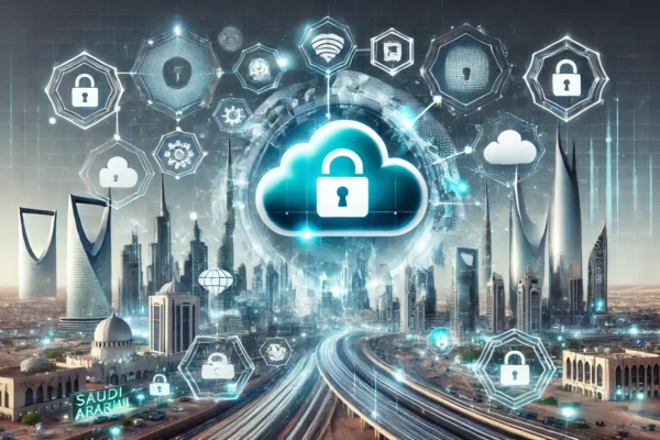 A modern and dynamic scene illustrating cloud security trends and challenges. The setting includes digital cloud symbols, cybersecurity elements like