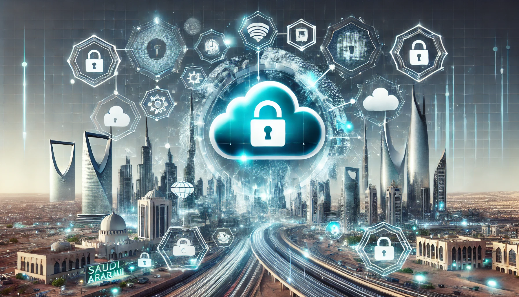 A modern and dynamic scene illustrating cloud security trends and challenges. The setting includes digital cloud symbols, cybersecurity elements like