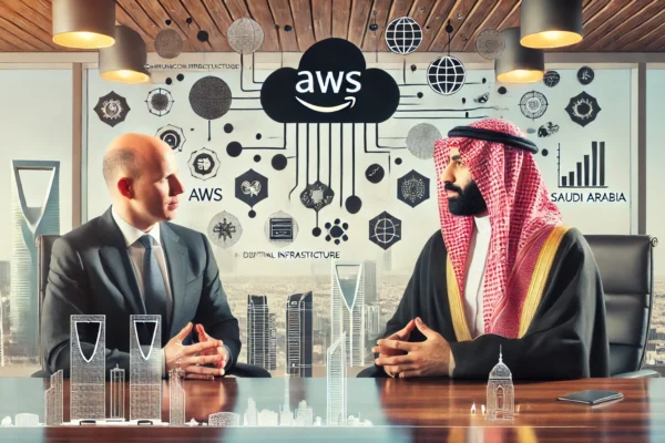 A professional meeting scene featuring Saudi Minister of Communications and Information Technology Eng. Abdullah Al-Sawaha and AWS CEO Matt Garman in