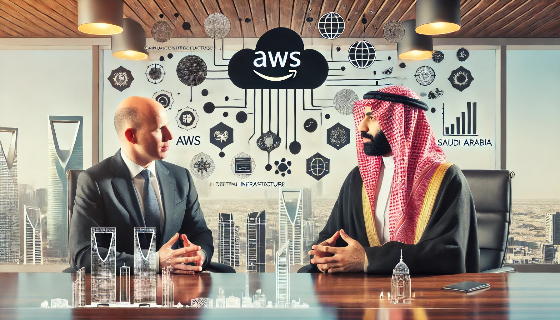 A professional meeting scene featuring Saudi Minister of Communications and Information Technology Eng. Abdullah Al-Sawaha and AWS CEO Matt Garman in