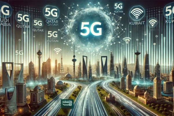 A modern and dynamic scene illustrating mobile network performance and 5G technology in the GCC region. The setting includes digital graphs, symbols o