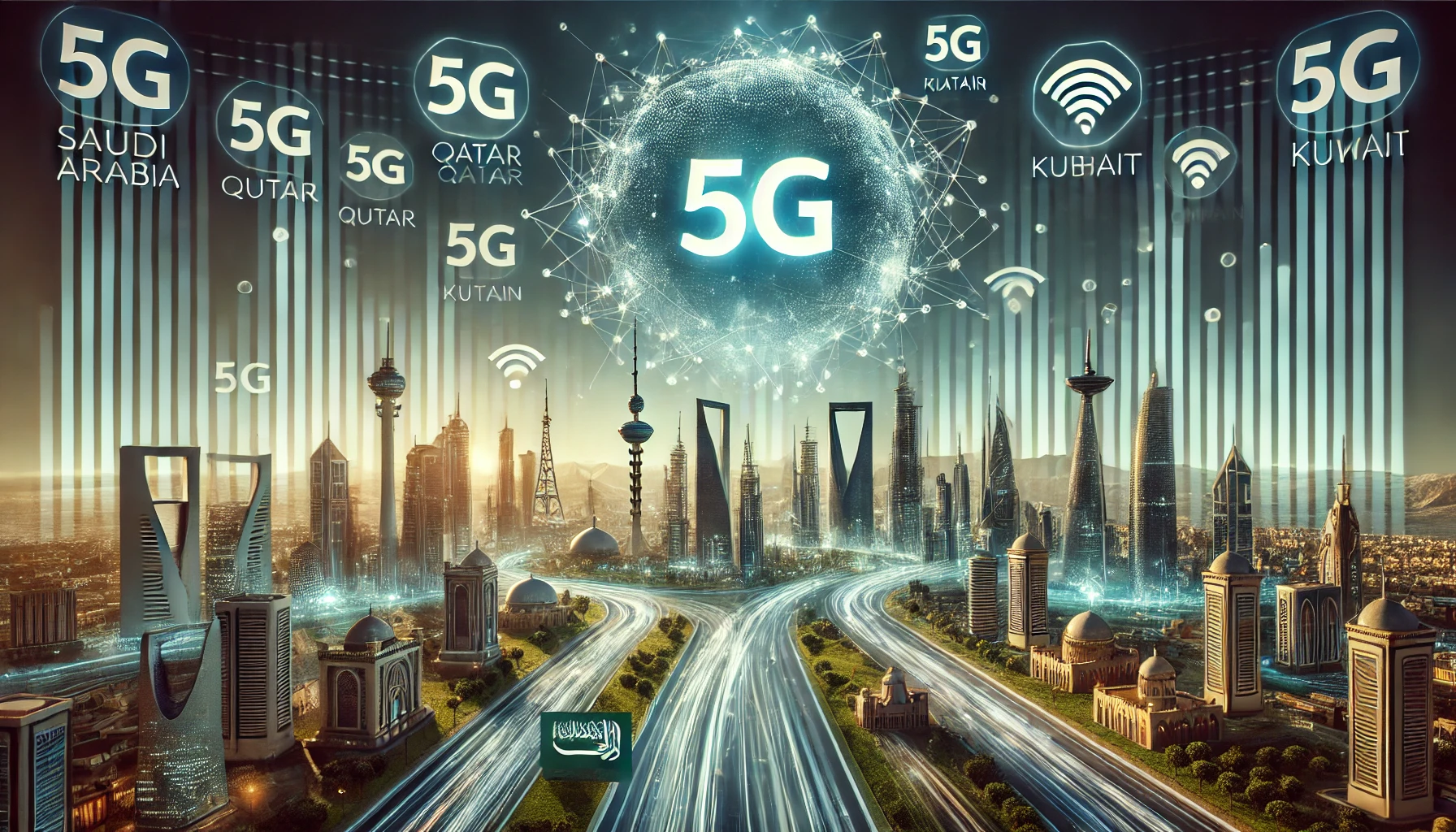 A modern and dynamic scene illustrating mobile network performance and 5G technology in the GCC region. The setting includes digital graphs, symbols o