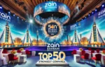 DALA vibrant award ceremony scene highlighting Zain Bahrain's recognition among the Top 50 strongest companies. The setting includes a modern stage with